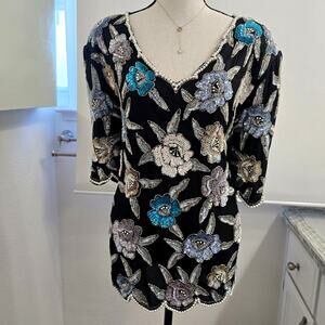 VTG Laurence Kazar Beaded Silk Top Plus 2X Black Floral Sequin Party Whimsigoth